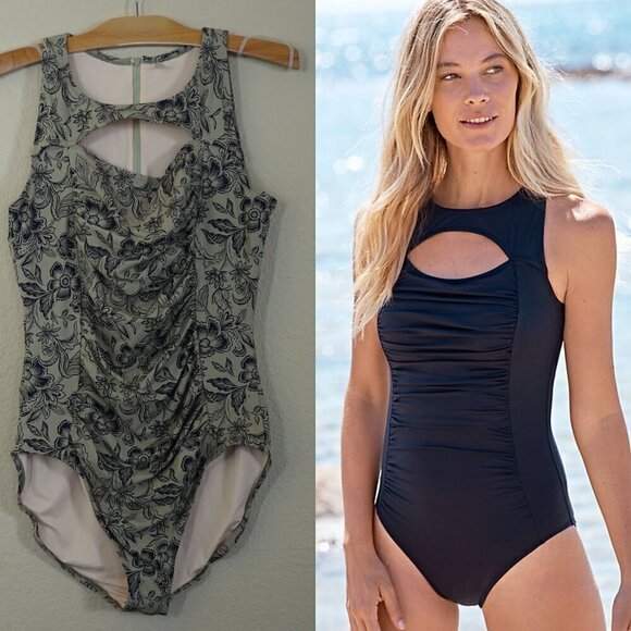 Garnet Hill Active High-Neck One-Piece Swimsuit Olive Green Floral 14 Beach - Picture 1 of 10